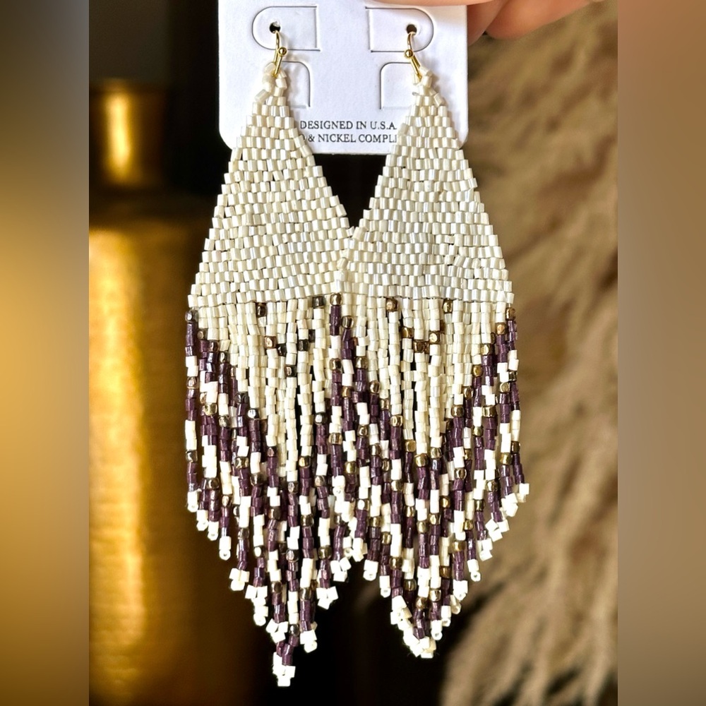 Elegant Beaded Earrings in Cream and Brown